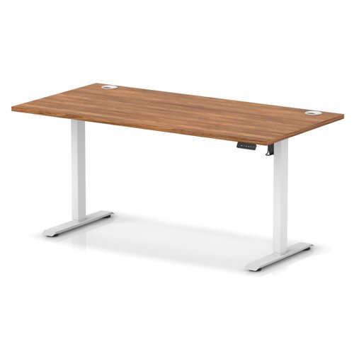 Air Lite 1600 x 800mm Height Adjustable Office Desk Walnut Top Cable Ports White Leg