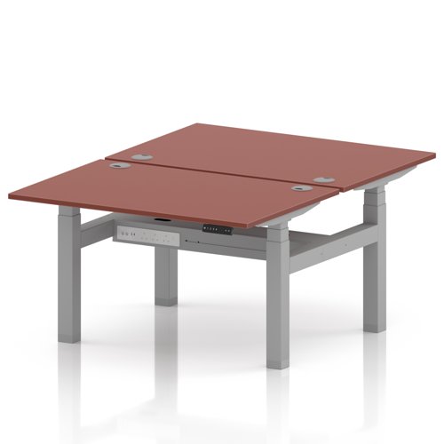 Air Back-to-Back 1200 x 800mm Height Adjustable 2 Person Office Bench Desk Brick Red Top with Cable Ports Silver Frame