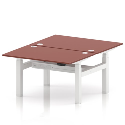 Air Back-to-Back 1200 x 800mm Height Adjustable 2 Person Office Bench Desk Brick Red Top with Cable Ports White Frame