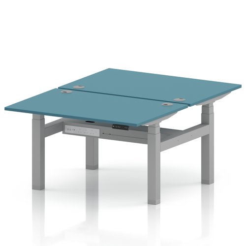 Air Back-to-Back 1200 x 800mm Height Adjustable 2 Person Office Bench Desk Dark Teal Top with Cable Ports Silver Frame