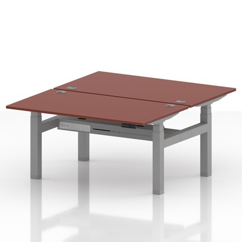 Air Back-to-Back 1400 x 800mm Height Adjustable 2 Person Office Bench Desk Brick Red Top with Cable Ports Silver Frame