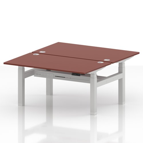 Air Back-to-Back 1400 x 800mm Height Adjustable 2 Person Office Bench Desk Brick Red Top with Cable Ports White Frame