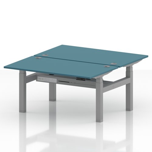 Air Back-to-Back 1400 x 800mm Height Adjustable 2 Person Office Bench Desk Dark Teal Top with Cable Ports Silver Frame
