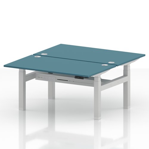 Air Back-to-Back 1400 x 800mm Height Adjustable 2 Person Office Bench Desk Dark Teal Top with Cable Ports White Frame
