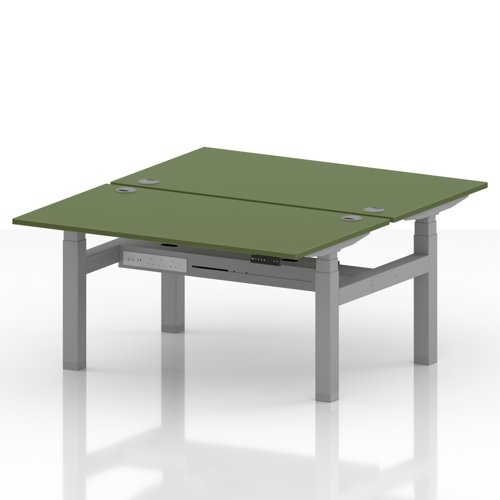 Air Back-to-Back 1400 x 800mm Height Adjustable 2 Person Office Bench Desk Moss Green Top with Cable Ports Silver Frame