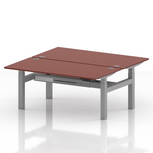 Air Back-to-Back 1600 x 800mm Height Adjustable 2 Person Office Bench Desk Brick Red Top with Cable Ports Silver Frame