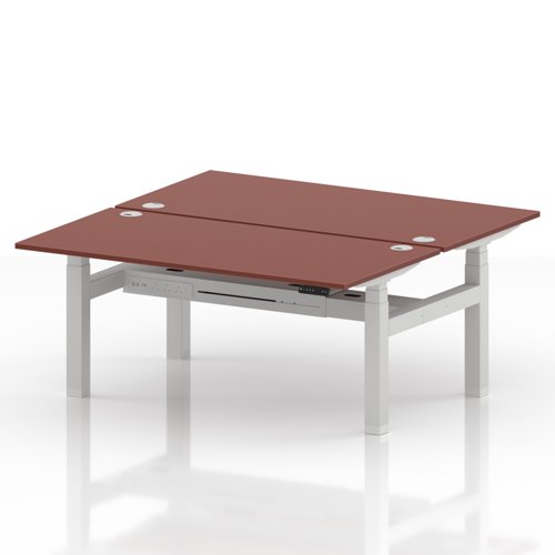 Air Back-to-Back 1600 x 800mm Height Adjustable 2 Person Office Bench Desk Brick Red Top with Cable Ports White Frame