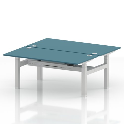 Air Back-to-Back 1600 x 800mm Height Adjustable 2 Person Office Bench Desk Dark Teal Top with Cable Ports White Frame