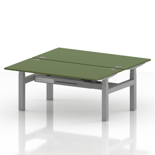 Air Back-to-Back 1600 x 800mm Height Adjustable 2 Person Office Bench Desk Moss Green Top with Cable Ports Silver Frame