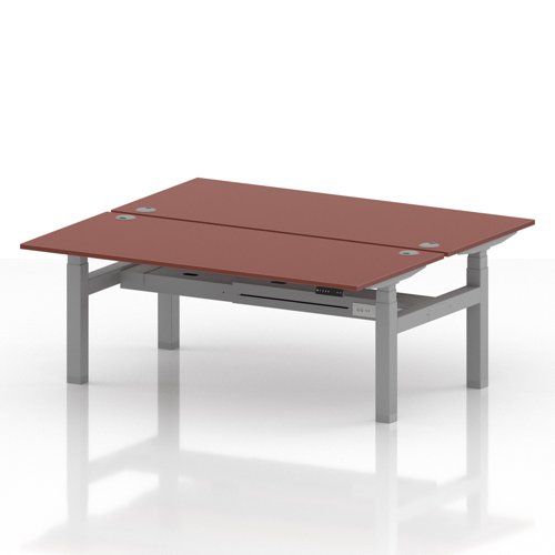 Air Back-to-Back 1800 x 800mm Height Adjustable 2 Person Office Bench Desk Brick Red Top with Cable Ports Silver Frame