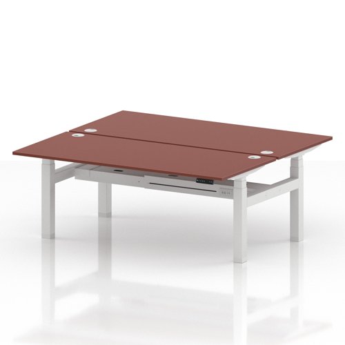 Air Back-to-Back 1800 x 800mm Height Adjustable 2 Person Office Bench Desk Brick Red Top with Cable Ports White Frame