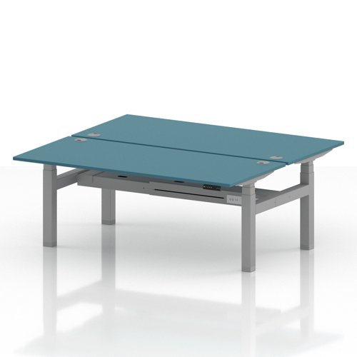 Air Back-to-Back 1800 x 800mm Height Adjustable 2 Person Office Bench Desk Dark Teal Top with Cable Ports Silver Frame