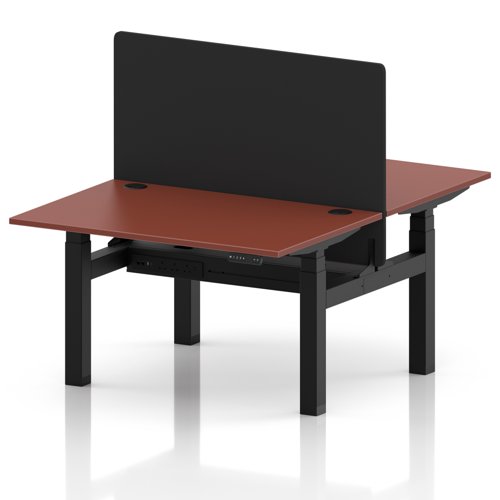 Air Back-to-Back 1200 x 800mm Height Adjustable 2 Person Office Bench Desk Brick Red Top with Cable Ports Black Frame with Black Straight Screen