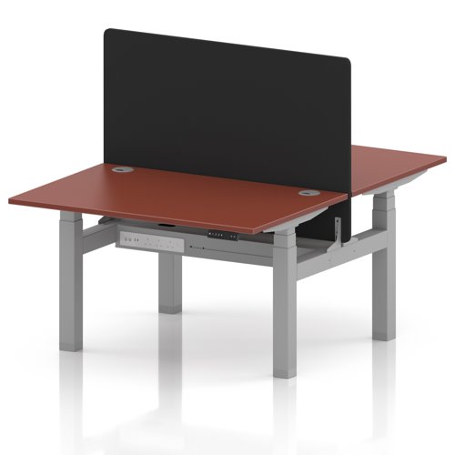 Air Back-to-Back 1200 x 800mm Height Adjustable 2 Person Office Bench Desk Brick Red Top with Cable Ports Silver Frame with Black Straight Screen