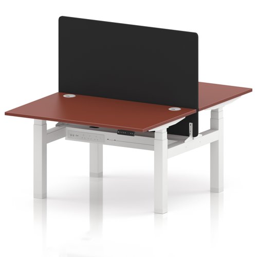 Air Back-to-Back 1200 x 800mm Height Adjustable 2 Person Office Bench Desk Brick Red Top with Cable Ports White Frame with Black Straight Screen