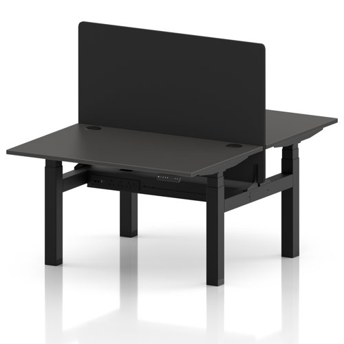 Air Back-to-Back 1200 x 800mm Height Adjustable 2 Person Office Bench Desk Carbon Grey Top with Cable Ports Black Frame with Black Straight Screen