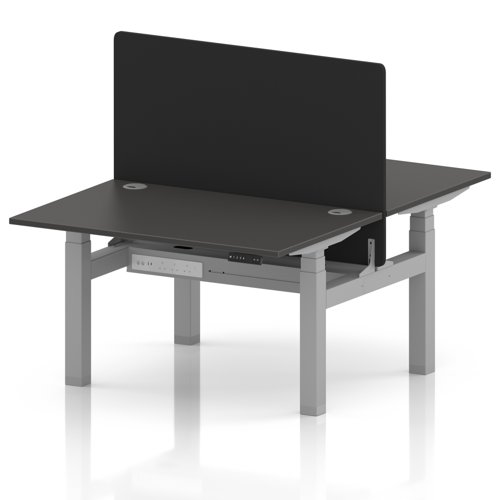 Air Back-to-Back 1200 x 800mm Height Adjustable 2 Person Office Bench Desk Carbon Grey Top with Cable Ports Silver Frame with Black Straight Screen