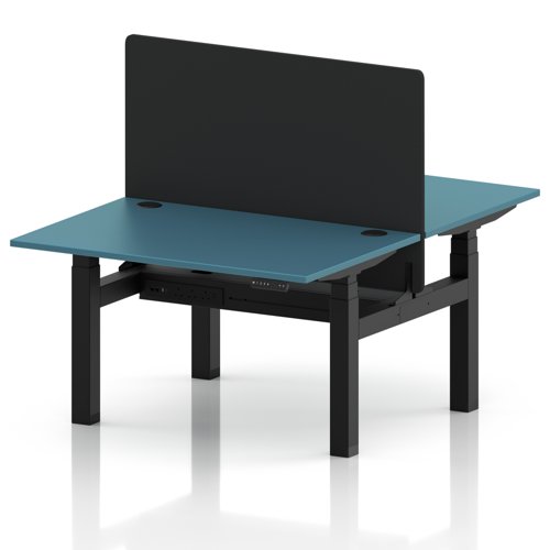Air Back-to-Back 1200 x 800mm Height Adjustable 2 Person Office Bench Desk Dark Teal Top with Cable Ports Black Frame with Black Straight Screen