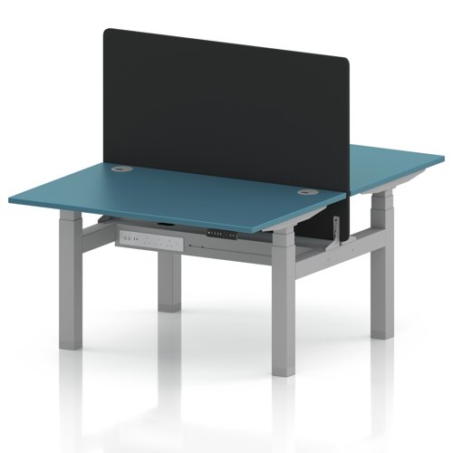 Air Back-to-Back 1200 x 800mm Height Adjustable 2 Person Office Bench Desk Dark Teal Top with Cable Ports Silver Frame with Black Straight Screen