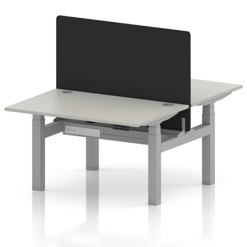 Air Back-to-Back 1200 x 800mm Height Adjustable 2 Person Office Bench Desk Dove Grey Top with Cable Ports Silver Frame with Black Straight Screen