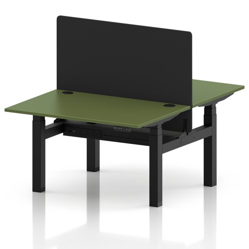 Air Back-to-Back 1200 x 800mm Height Adjustable 2 Person Office Bench Desk Moss Green Top with Cable Ports Black Frame with Black Straight Screen