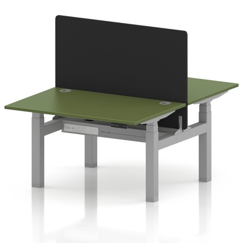 Air Back-to-Back 1200 x 800mm Height Adjustable 2 Person Office Bench Desk Moss Green Top with Cable Ports Silver Frame with Black Straight Screen
