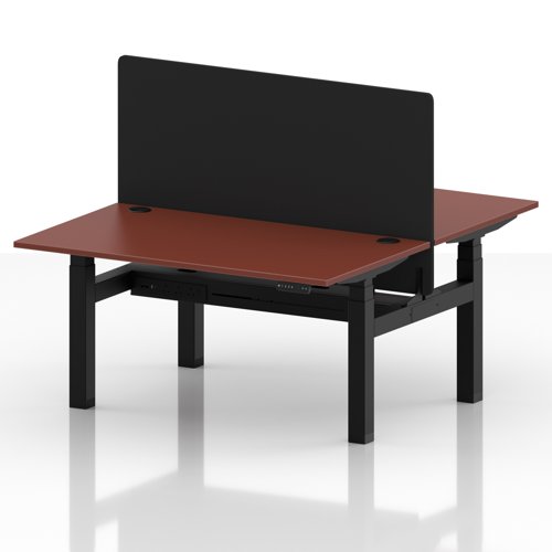 Air Back-to-Back 1400 x 800mm Height Adjustable 2 Person Office Bench Desk Brick Red Top with Cable Ports Black Frame with Black Straight Screen