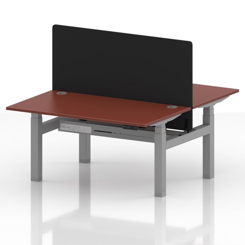 Air Back-to-Back 1400 x 800mm Height Adjustable 2 Person Office Bench Desk Brick Red Top with Cable Ports Silver Frame with Black Straight Screen