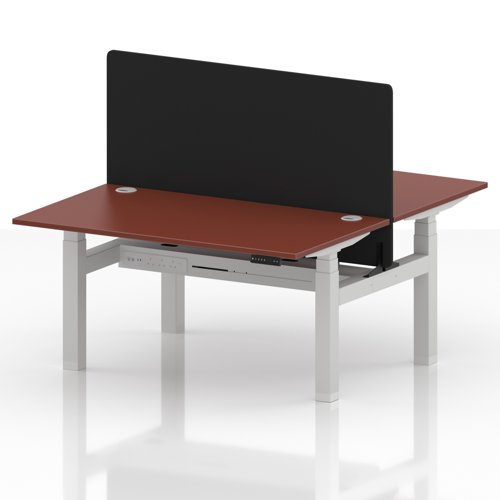 Air Back-to-Back 1400 x 800mm Height Adjustable 2 Person Office Bench Desk Brick Red Top with Cable Ports White Frame with Black Straight Screen
