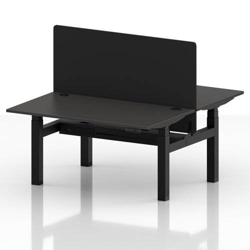 Air Back-to-Back 1400 x 800mm Height Adjustable 2 Person Office Bench Desk Carbon Grey Top with Cable Ports Black Frame with Black Straight Screen