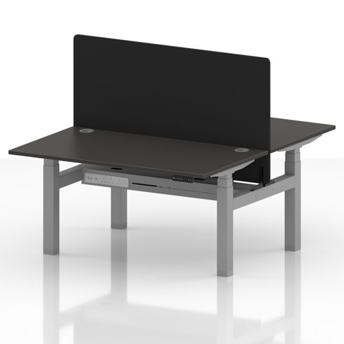 Air Back-to-Back 1400 x 800mm Height Adjustable 2 Person Office Bench Desk Carbon Grey Top with Cable Ports Silver Frame with Black Straight Screen