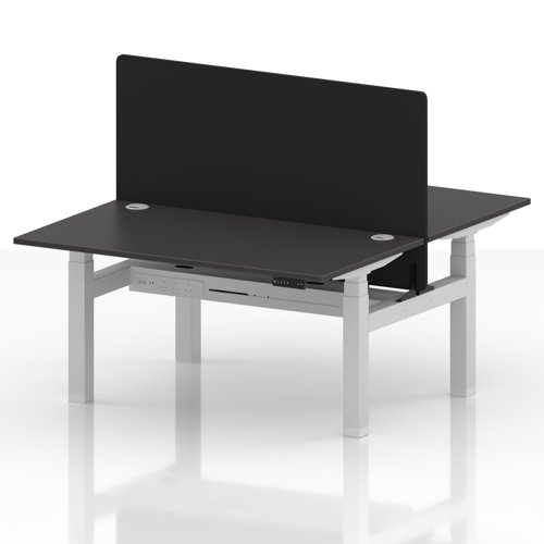 Air Back-to-Back 1400 x 800mm Height Adjustable 2 Person Office Bench Desk Carbon Grey Top with Cable Ports White Frame with Black Straight Screen
