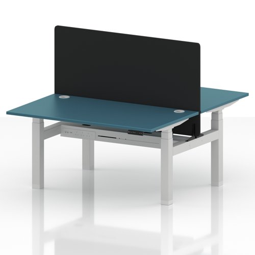 Air Back-to-Back 1400 x 800mm Height Adjustable 2 Person Office Bench Desk Dark Teal Top with Cable Ports White Frame with Black Straight Screen