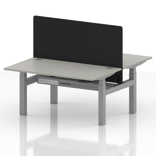 Air Back-to-Back 1400 x 800mm Height Adjustable 2 Person Office Bench Desk Dove Grey Top with Cable Ports Silver Frame with Black Straight Screen