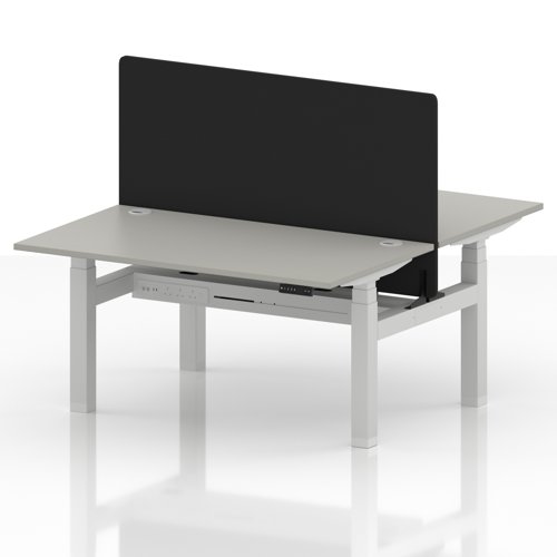 Air Back-to-Back 1400 x 800mm Height Adjustable 2 Person Office Bench Desk Dove Grey Top with Cable Ports White Frame with Black Straight Screen