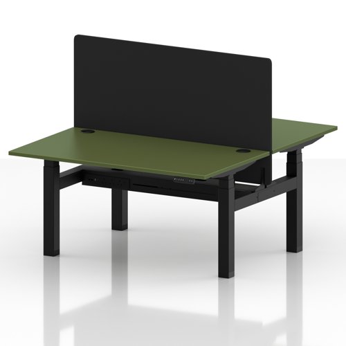 Air Back-to-Back 1400 x 800mm Height Adjustable 2 Person Office Bench Desk Moss Green Top with Cable Ports Black Frame with Black Straight Screen