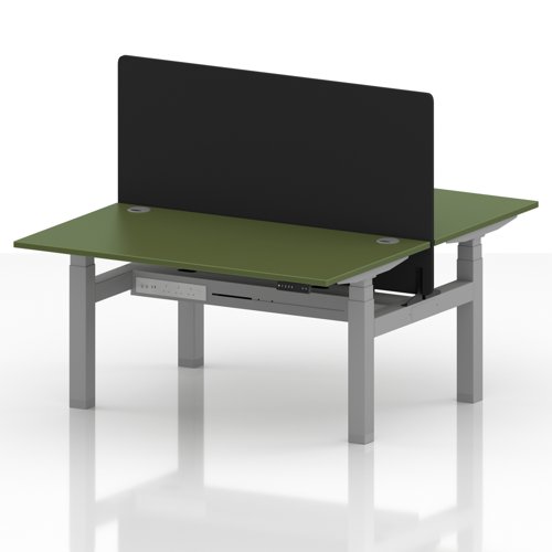 Air Back-to-Back 1400 x 800mm Height Adjustable 2 Person Office Bench Desk Moss Green Top with Cable Ports Silver Frame with Black Straight Screen
