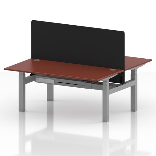 Air Back-to-Back 1600 x 800mm Height Adjustable 2 Person Office Bench Desk Brick Red Top with Cable Ports Silver Frame with Black Straight Screen