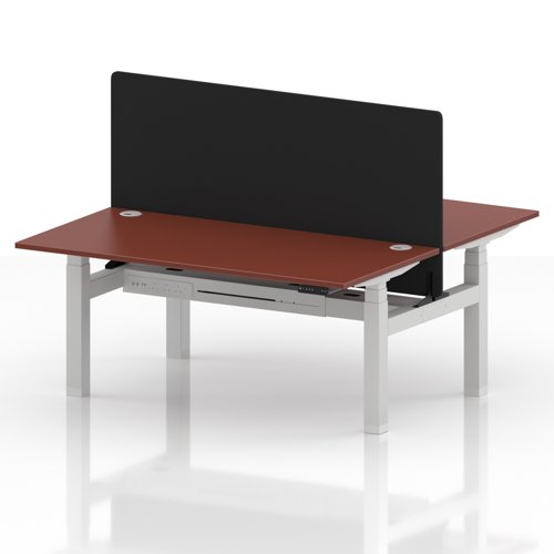 Air Back-to-Back 1600 x 800mm Height Adjustable 2 Person Office Bench Desk Brick Red Top with Cable Ports White Frame with Black Straight Screen