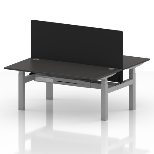Air Back-to-Back 1600 x 800mm Height Adjustable 2 Person Office Bench Desk Carbon Grey Top with Cable Ports Silver Frame with Black Straight Screen