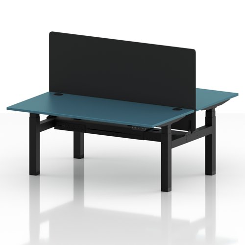 Air Back-to-Back 1600 x 800mm Height Adjustable 2 Person Office Bench Desk Dark Teal Top with Cable Ports Black Frame with Black Straight Screen