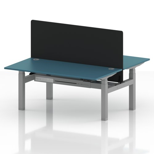Air Back-to-Back 1600 x 800mm Height Adjustable 2 Person Office Bench Desk Dark Teal Top with Cable Ports Silver Frame with Black Straight Screen