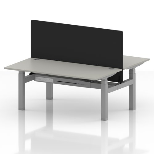 Air Back-to-Back 1600 x 800mm Height Adjustable 2 Person Office Bench Desk Dove Grey Top with Cable Ports Silver Frame with Black Straight Screen