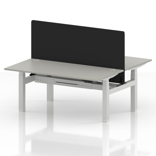Air Back-to-Back 1600 x 800mm Height Adjustable 2 Person Office Bench Desk Dove Grey Top with Cable Ports White Frame with Black Straight Screen
