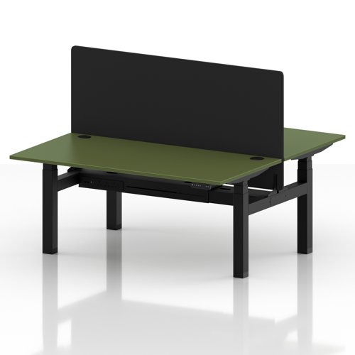 Air Back-to-Back 1600 x 800mm Height Adjustable 2 Person Office Bench Desk Moss Green Top with Cable Ports Black Frame with Black Straight Screen