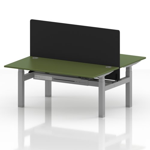Air Back-to-Back 1600 x 800mm Height Adjustable 2 Person Office Bench Desk Moss Green Top with Cable Ports Silver Frame with Black Straight Screen