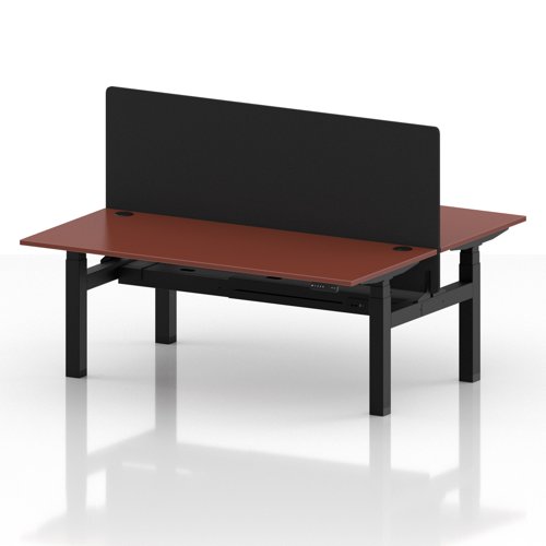 Air Back-to-Back 1800 x 800mm Height Adjustable 2 Person Office Bench Desk Brick Red Top with Cable Ports Black Frame with Black Straight Screen