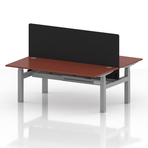 Air Back-to-Back 1800 x 800mm Height Adjustable 2 Person Office Bench Desk Brick Red Top with Cable Ports Silver Frame with Black Straight Screen