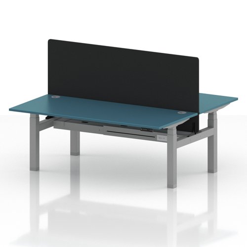 Air Back-to-Back 1800 x 800mm Height Adjustable 2 Person Office Bench Desk Dark Teal Top with Cable Ports Silver Frame with Black Straight Screen