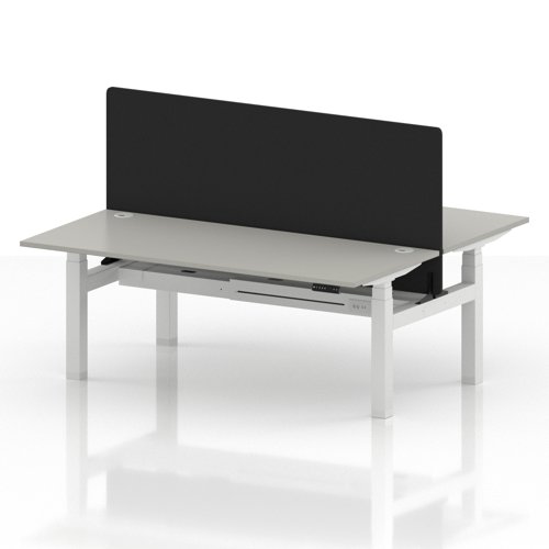 Air Back-to-Back 1800 x 800mm Height Adjustable 2 Person Office Bench Desk Dove Grey Top with Cable Ports White Frame with Black Straight Screen